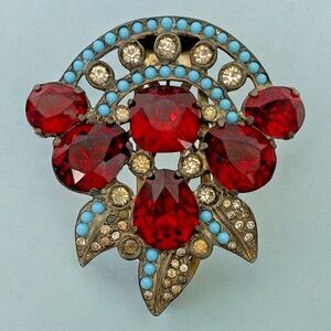 Eisenberg Original Dress Fur Clip Ruby Red Rhinestone Turquoise Cab Rare
